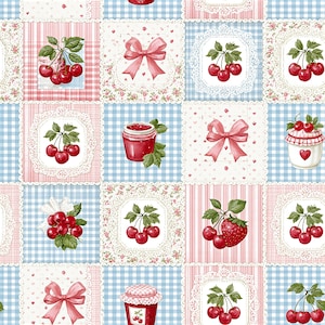 May include: A fabric pattern featuring a grid of squares with alternating designs of red cherries, pink bows, jars of red jam, and a strawberry. The background consists of light blue and white gingham checks, pink stripes, and white lace-like borders.
