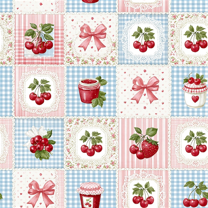 May include: A fabric pattern featuring a grid of squares with alternating designs of red cherries, pink bows, jars of red jam, and a strawberry. The background consists of light blue and white gingham checks, pink stripes, and white lace-like borders.