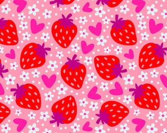 Valentines Sweet Pink Strawberry Pattern 100% Pure Cotton Fabric Custom DIY Fabric By The Half Yard