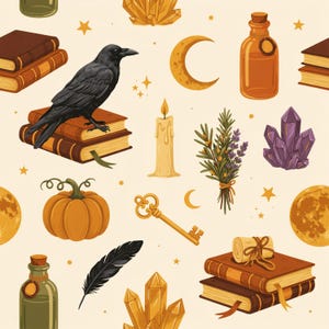 Puede incluir: Un patrón continuo que muestra un cuervo negro sobre libros marrones, una luna creciente, una botella de vidrio, una vela encendida, un manojo de hierbas, cristales morados, una calabaza, una llave dorada, una pluma negra y un pergamino atado.