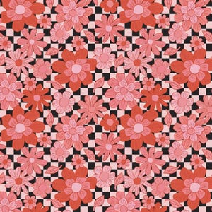Red Grid Flowers Floral 100% Pure Cotton Fabric Custom DIY Fabric By The Half Yard