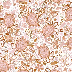 May include: A repeating pattern featuring turtles, flowers, and abstract shapes in shades of pink and brown on a white background. The turtles are outlined in brown, with pink details. The flowers include hibiscus and other floral designs.