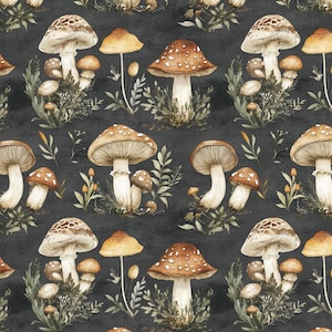 May include: A repeating pattern of watercolour mushrooms in shades of brown, tan, and orange, set against a dark grey background. The mushrooms are surrounded by green foliage, creating a natural, earthy design.