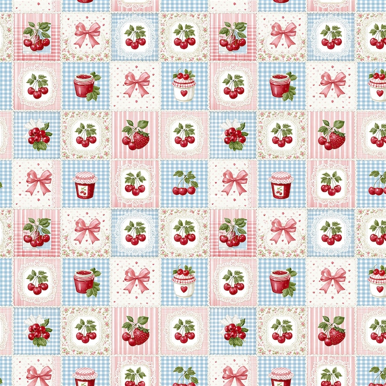 May include: A repeating fabric pattern featuring a grid of squares with light blue gingham, pink stripes, and white backgrounds. The squares contain illustrations of red cherries, strawberries, pink bows, and jars of jam with heart accents.