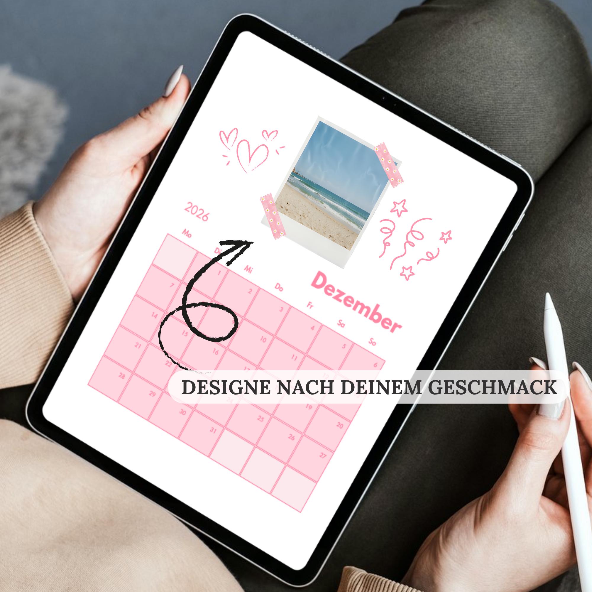 Kalender 2026 Zum Ausdrucken Und Selbst Gestalten, Monatsübersicht Rosa