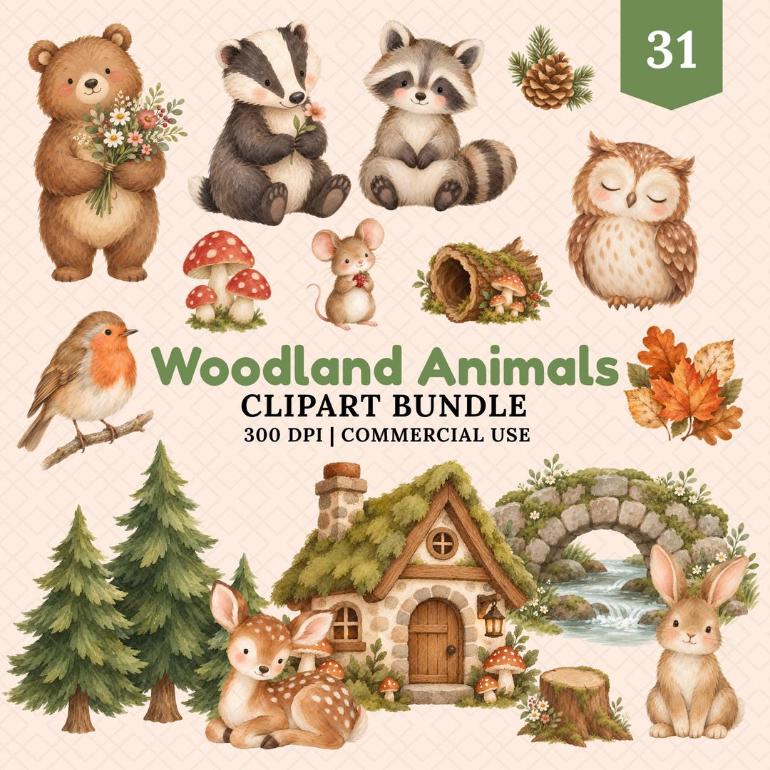 Woodland Animals Clipart Bundle, Watercolor Forest PNG, Cottagecore ...