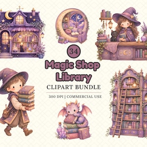 Könnte beinhalten: Ein digitales Clipart-Paket mit dem Titel 34 Magic Shop Library, das violette Illustrationen eines Zauberladens, ein Mondsichelfenster, einen Zauberer am Schreibtisch, einen büchertragenden Zauberer, einen kleinen Drachen auf Büchern und ein hohes Regal zeigt.