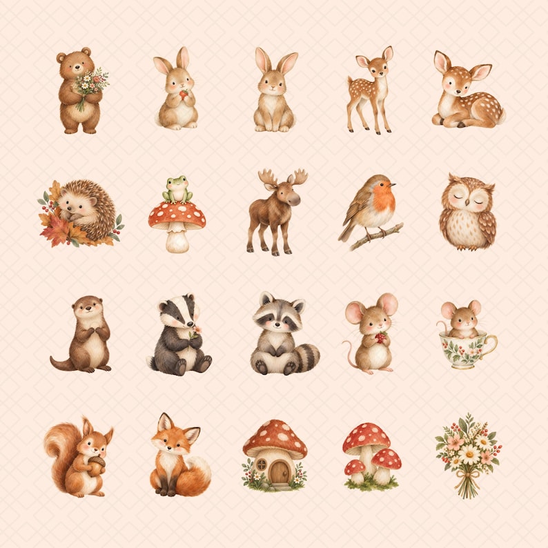 Woodland Animals Clipart Bundle, Watercolor Forest PNG, Cottagecore ...