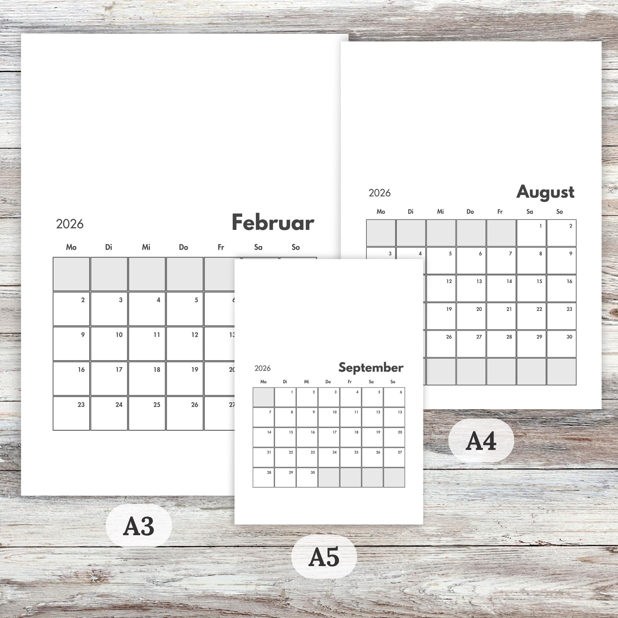 Kalender 2026 Zum Ausdrucken Und Selbst Gestalten, Monatsübersicht Grau