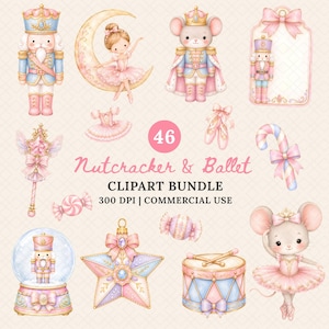 Puede incluir: Un paquete de imágenes prediseñadas digitales con ilustraciones en acuarela de cascanueces, una bailarina en una luna creciente, un ratón con corona, zapatillas de ballet, un adorno de estrella, un tambor, una bola de nieve y una varita.