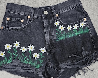 Hand Painted Daisy Denim Shorts – Black Floral Shorts, One of a Kind