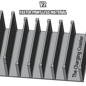 May include: A gray 3D-printed charging coaster with a slotted design. The text "V2" and "FASTER PRINT LESS MATERIAL" are at the top. The words "The Charging Coaster" are printed on the side.