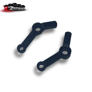May include: Two black, mechanical lever arms with circular holes and rectangular extensions. The arms are angled and appear to be made of a solid, matte material. The background is plain white.