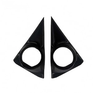 May include: Two black, triangular car audio speaker mounts with a glossy finish. Each mount features a large, circular opening in the centre. The mounts are designed to be mounted on a flat surface.