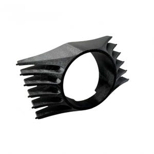May include: A black, geometric, ring-shaped object with a textured surface. The design features a series of parallel, ridged fins on one side and a pointed, angular structure on the other. The object has a large, circular opening.