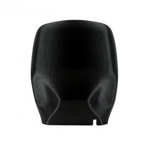May include: A solid black, textured plastic object with a rounded top and a slightly indented, curved design on the sides. The bottom has a small, rectangular cutout. The object is set against a white background.