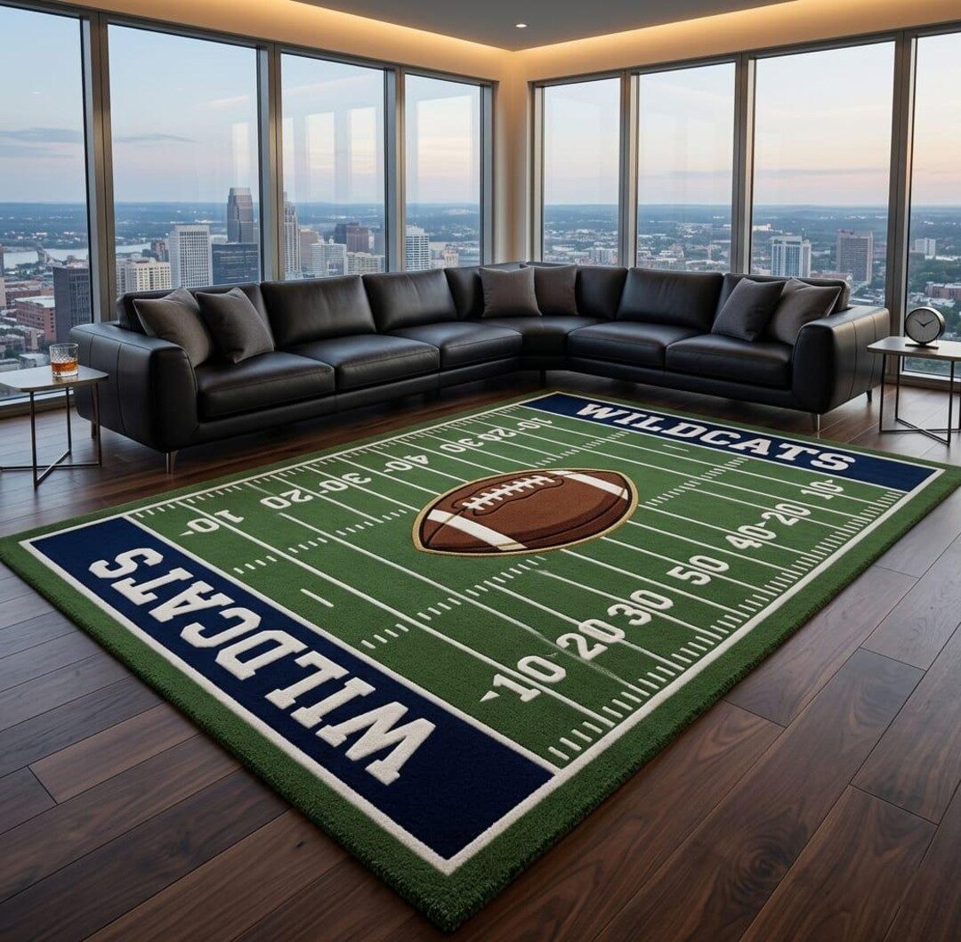 Hand Tufted Rug Football Field Area Rug Wildcats Sport Team Large Wool ...