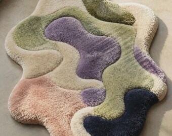 Large Abstract Wavy Hand Tufted Rug Irregular Colorful Area Carpet for Aesthetic Room Decor Modern Pastel Plush Rug Custom Soft Bedroom Rug