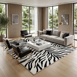 Hand Tufted Black White Zebra Print Wool Rug, Ivory Animal Stripe Carpet, Modern Living Room Mat