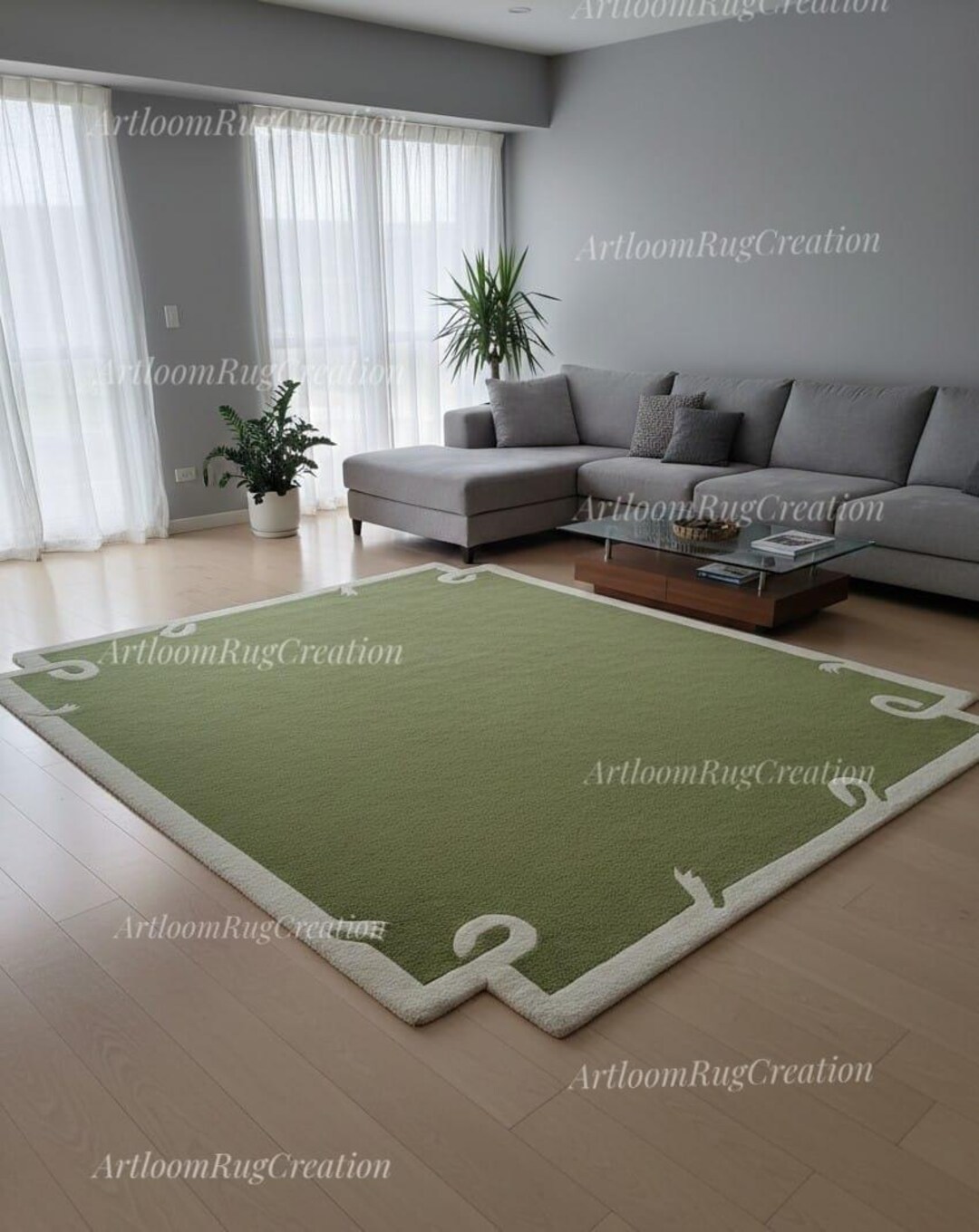 Best Quality Hand Tufted Wool Area Rug Olive Green Modern Border Carpet ...