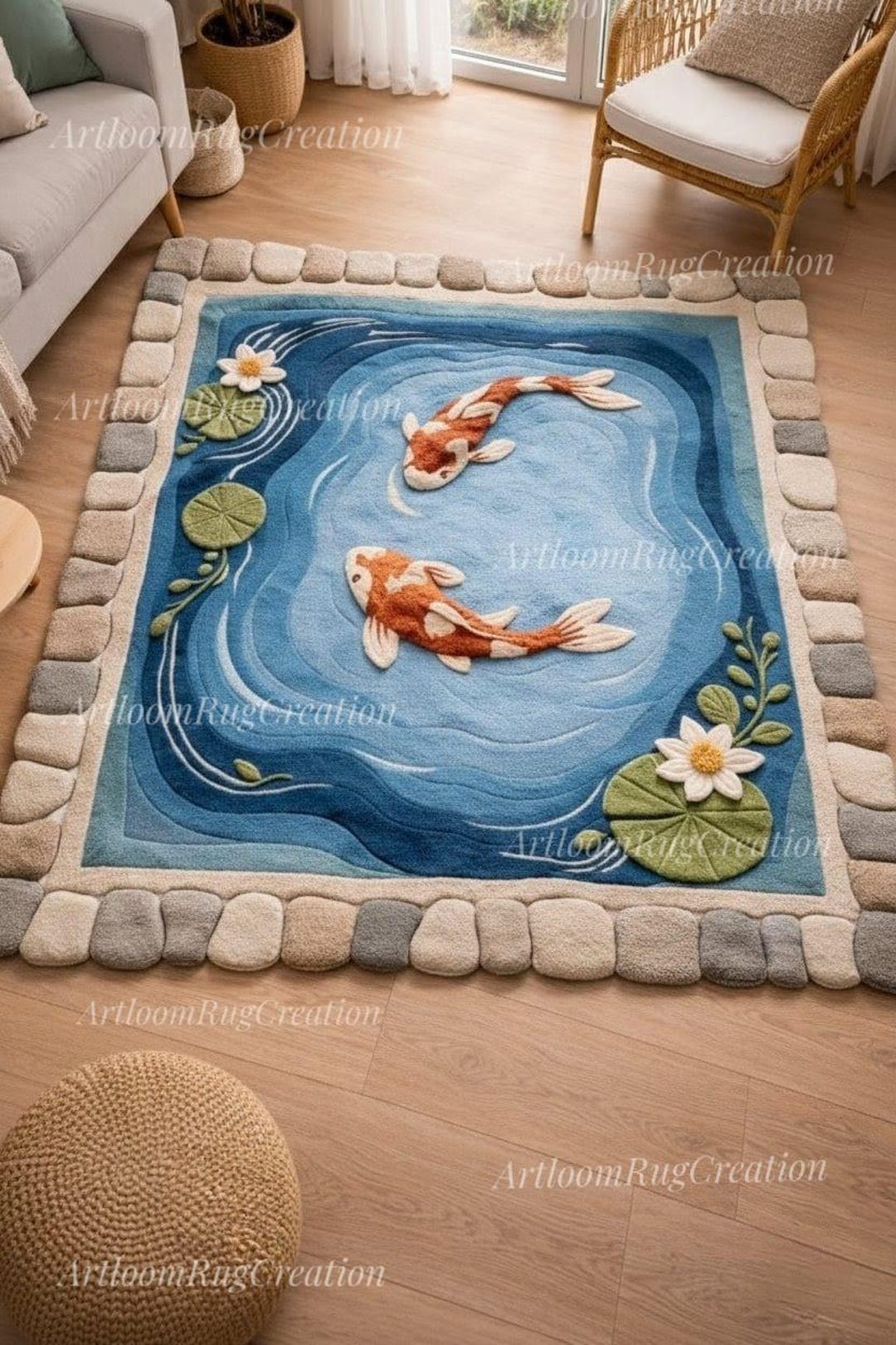 Pond Colors Rug Hand Tufted Koi Fish Pond Rug, Luxury Handmade Wool Area Rug, Japanese ...