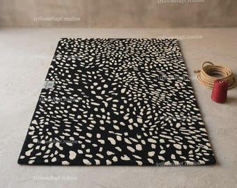 Hand Tufted Black and White Spotted Rug Dalmation Print Area Rug Modern Minimalist Wool Carpet Abstract Polka Dot Rug Unique Home Decor Gift