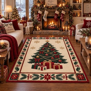 Könnte beinhalten: Ein rechteckiger Teppich mit einem zentralen Weihnachtsbaum, der mit goldenen und roten Kugeln geschmückt ist und von verpackten Geschenken umgeben wird. Der Rand zeigt ein Muster aus grünen Stechpalmenblättern, roten Beeren und roten Weihnachtssternen auf cremefarbenem Grund.