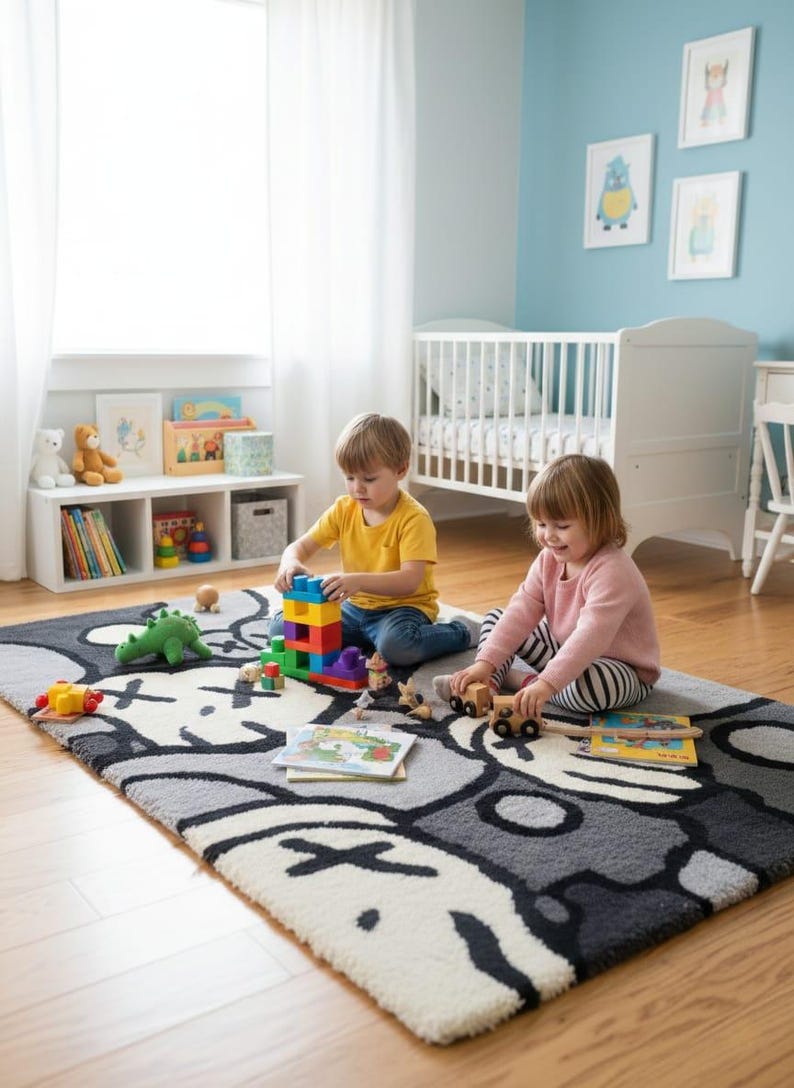 May include: Two children playing on a grey and white patterned rug in a nursery. They are surrounded by toys, including building blocks and wooden cars. A white cot and shelves with books are in the background.