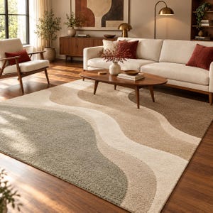 Könnte beinhalten: Ein rechteckiger Teppich mit einer texturierten Hochflor-Oberfläche, der mit großen, geschwungenen Wellenmustern in Salbeigrün, Creme, Beige und Braun gestaltet ist und ein fließendes, geschichtetes Design aufweist.
