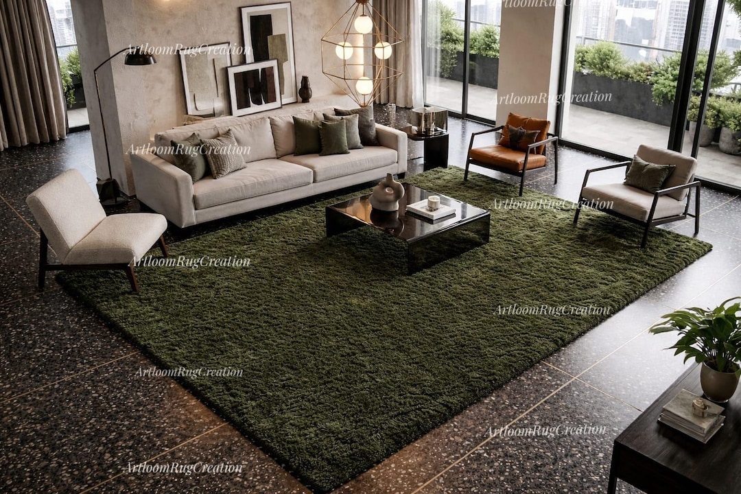 Luxury Dark Green Hand Tufted Wool Rug – Premium Plush Area Rug, Modern ...