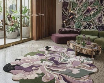 Amethyst Geode Hand Tufted Wool Rug Irregular Shape Purple Sage Green Abstract Area Rug for Living Room Unique Art Deco Rug Designer Carpet