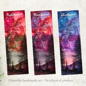 Aurora Galaxy Bookmark, Printable | Watercolor Forest Bookmark | Celestial Book Lover Gift | Purple Night Sky Bookmark | Book lover gift