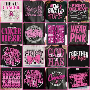 May include: A collection of sixteen black and white t-shirts and sweatshirts featuring pink breast cancer awareness graphics, ribbons, and inspirational text such as Heal Cancer, Fight, Survivor, and Wear Pink, displayed in a grid layout.
