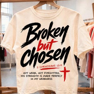 Cream oversized T-shirt hanging on a wooden hanger in a boutique shop setting with clothing racks softly blurred behind it. The front displays a bold Christian design reading “Broken but Chosen” in large black brush lettering, with “but” and the cross highlighted in red. A 2 Corinthians 12:9 reference and the message about God’s strength being made perfect in weakness complete the faith apparel look.