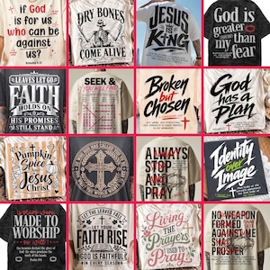 May include: A collection of sixteen t-shirts featuring various religious-themed graphic designs, including text-based quotes, crosses, skeletons, and crowns, displayed in a grid layout with diverse color palettes and typography styles.