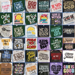 以下が含まれることがあります： さまざまな宗教的なテーマとフレーズがプリントされたTシャツのコレクションです。「Jesus Paid It All」、「Child of God」、「Jesus Loves」、「God is Good」などのテキストが含まれています。シャツはさまざまな色で、グラフィック要素があります。