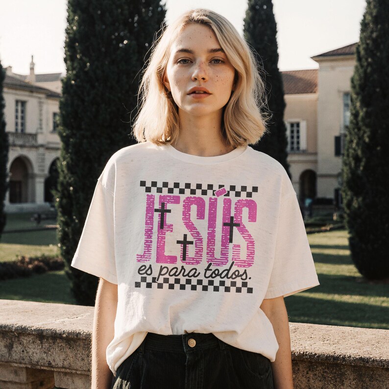 Lifestyle outdoor mockup of a woman wearing a cream oversized t-shirt printed with distressed pink “JESÚS” text, cross icons, and checkerboard detailing above and below “es para todos.” The architectural background and natural light emphasize this contemporary Spanish Christian shirt with a bold inspirational message.