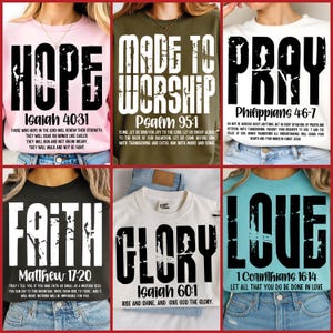 May include: A collection of six crew neck sweatshirts with inspirational messages. The shirts are in various colors, including pink, olive green, white, and teal. Each shirt features a different word in large, bold letters, along with a corresponding Bible verse.