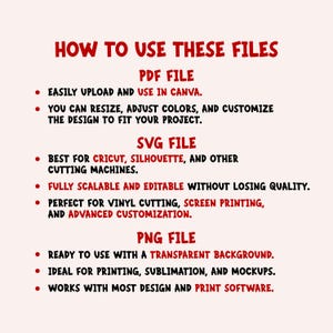 May include: A cream-colored graphic with red text that reads "HOW TO USE THESE FILES." Below, it lists instructions for PDF, SVG, and PNG files, including resizing, color adjustment, and use with design software.