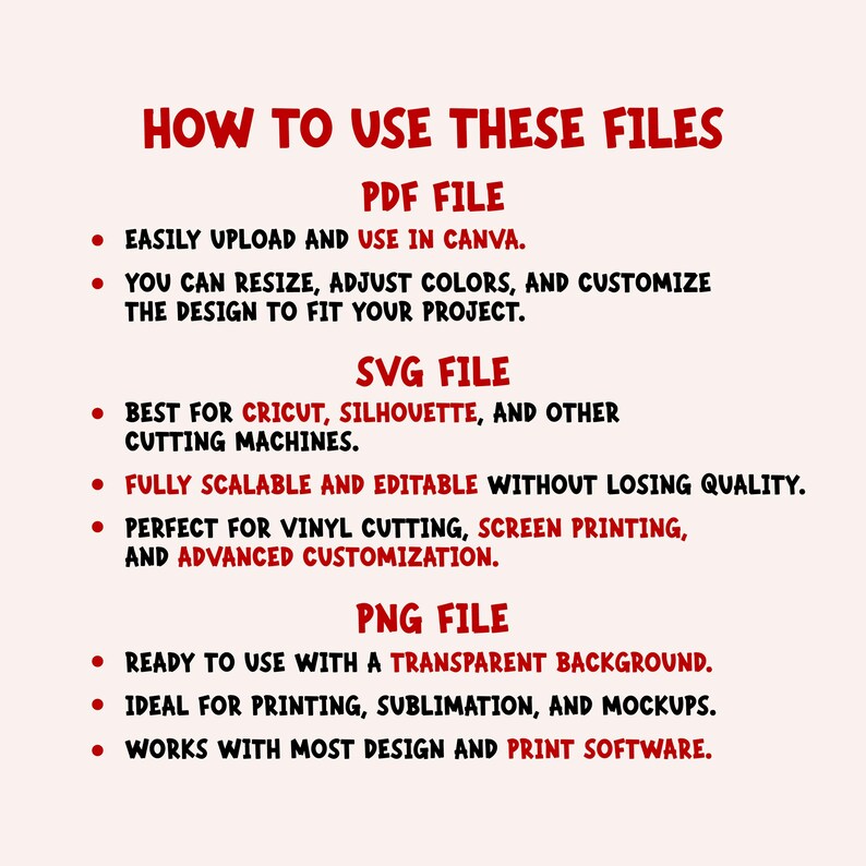 May include: A cream-colored graphic with red text that reads "HOW TO USE THESE FILES." Below, it lists instructions for PDF, SVG, and PNG files, including resizing, color adjustment, and use with design software.