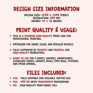 May include: A digital information graphic with red text on a light background. It lists design size as 4500 by 5400 pixels, 300 DPI, and 15 by 18 inches. It details print quality, usage for apparel and accessories, and lists included SVG, PNG, and PDF files.
