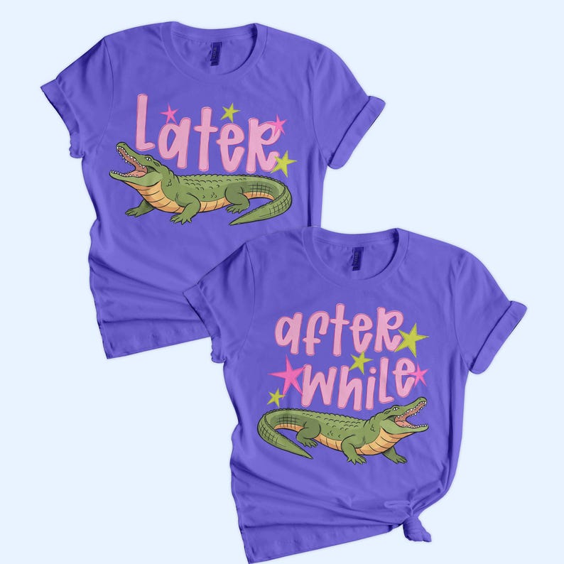 Stylish lifestyle t-shirt mockup showing a pastel lavender shirt with a playful “Later Gator” graphic design. The composition includes outdoor scenery and relaxed positioning, highlighting the shirt’s fit and vibrant print. Ideal for Etsy listings featuring trendy, sarcastic, or fun summer designs, this mockup enhances visual appeal with a soft color palette and modern, eye-catching presentation.