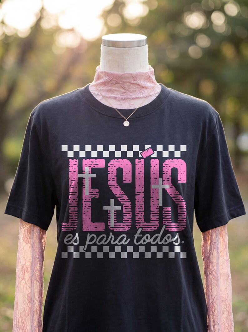 Black women’s t-shirt displayed on a mannequin layered over pink lace sleeves with a delicate gold necklace, featuring vibrant pink “JESÚS” lettering, subtle cross overlays, and checkerboard accents framing “es para todos.” This stylish Spanish Christian graphic tee merges modern streetwear elements with meaningful faith expression.
