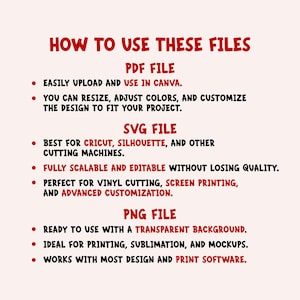 May include: A digital instruction guide titled HOW TO USE THESE FILES with red text on a light background. It lists features for PDF, SVG, and PNG file formats, including compatibility with Canva, Cricut, Silhouette, and various printing software.