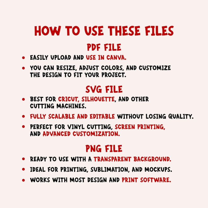 May include: A digital instruction guide titled HOW TO USE THESE FILES with red text on a light background. It lists features for PDF, SVG, and PNG file formats, including compatibility with Canva, Cricut, Silhouette, and various printing software.