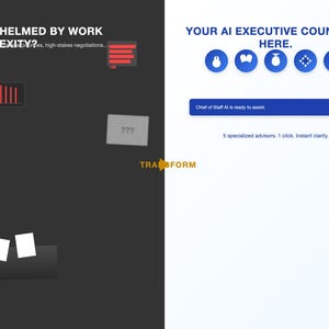 May include: A split-screen graphic with the text "OVERWHELMED BY WORK COMPLEXITY?" on the left and "YOUR AI EXECUTIVE COUNCIL IS HERE" on the right. The left side is dark with charts and papers. The right side is white with icons and a blue button.