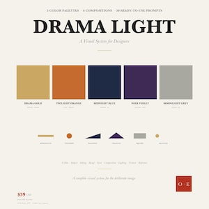 May include: A digital design guide titled DRAMA LIGHT, A Visual System for Designers. It features five colour swatches: Drama Gold, Twilight Orange, Midnight Blue, Noir Violet, and Moonlight Grey, alongside six geometric composition icons and text.