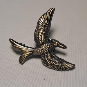 May include: A bronze-colored bird pin in flight, with detailed feather textures. The pin has a dark, antique finish, and the bird's wings are outstretched. The design is a stylized representation of a bird, suitable for adding to a jacket or bag.