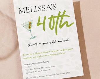 Martini Birthday Invitation Template: Elegant Milestone Party (Canva Editable, Digital Download)