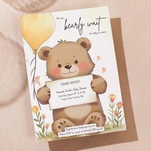 We Can Bearly Wait Baby Shower Invitation, Editable Canva Template, Teddy Bear Theme, Gender Neutral Baby Shower Invite, Printable Download
